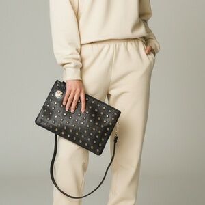 Statement Studded Black Leather Clutch /Crossbody /Shoulder Bag - Spacious!